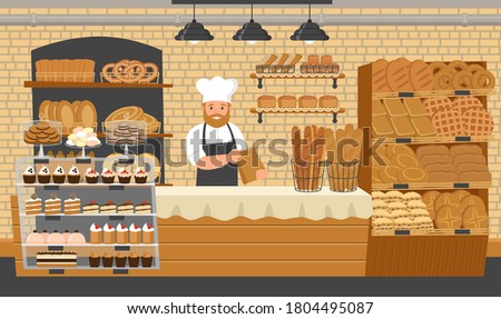 Bakery shop. Showcases with bread, buns and cakes. Baker. Cartoon style. Vector illustration. Royalty-Free Stock Photo #1804495087