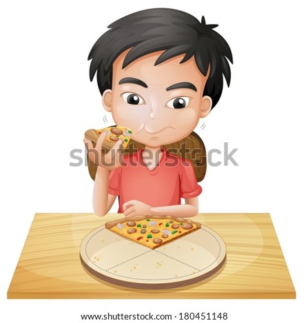 Illustration of a boy eating pizza on a white background