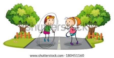 Illustration of the children playing in the middle of the street on a white background