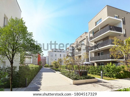 Cityscape with modern apartment buildings in a new residential area in the city, Concept for construction industy, estate agent and sale of condominiums Royalty-Free Stock Photo #1804517329