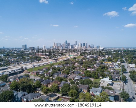 Wide Houston Downtown - Wide Aerial View from 288 - Freeway, Neighbhourhood and Blue Skies