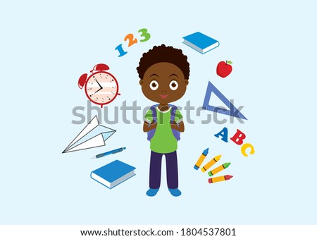 Cute little african boy with school supplies illustration. Happy schoolboy with a school backpack icon. School children cartoon character. Adorable african american boy with school supplies icon set