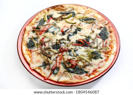 vegetable pizza white background close up