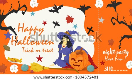 Orange ticket with a place to break away, to enter the holiday party all saints eve Halloween, a Witch sitting next to a pumpkin, flat vector illustration