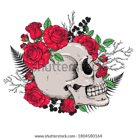Skull and roses flowers hand drawn illustration. Tattoo vintage print. Skull and red roses.  T-shirt design.