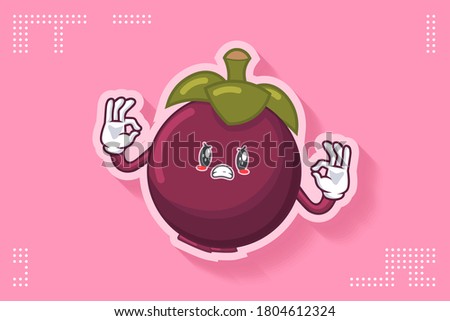 ANGRY, MAD, BAD MOOD Face Emotion. Double Nice Hand Gesture. Mangosteen Fruit Cartoon Drawing Mascot Illustration.