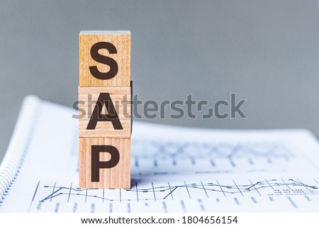 Concept image of business acronym SAP as Systems Applications Products written over wooden blocks, white background. SAP is a multinational software corporation.