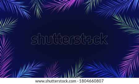 Dark background with frame of palm branches neon flowers, tropical party style Royalty-Free Stock Photo #1804660807
