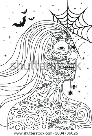 Coloring page for adults,Portrait of a young girl in Halloween or Day of the Death