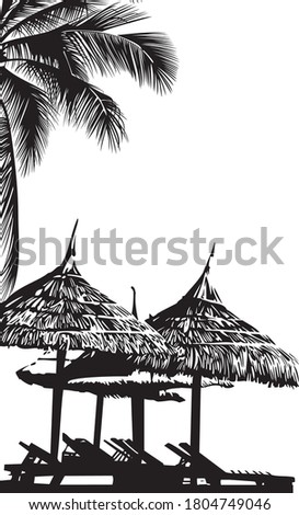 Vector illustration of palm silhouette and and equipped with canopies resting places on the sea coast