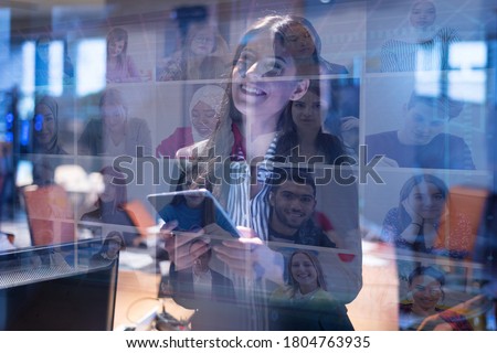 Online remote learning. Digital video conference chat with student and class group. Teaching and learning from home during quarantine and coronavirus outbreak. Royalty-Free Stock Photo #1804763935