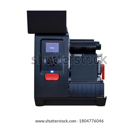 Barcode Sticker Printing Machine. Black machine with ribbon in machine. Prepared for Barcodes that track general products. Use this type of printer.Can use the scanner to shoot, scan the barcode.