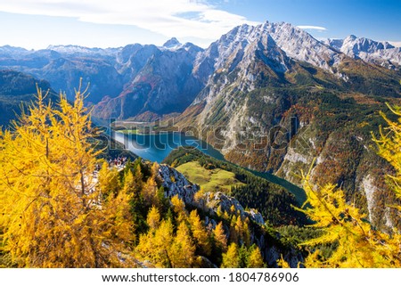 view on Watzmann mountain and Königssee lake from Jenner mountain in Berchtesgaden National Park during autumn, Bavarian Alps, Germany Royalty-Free Stock Photo #1804786906