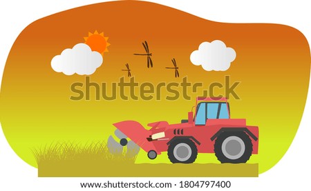 Autumn landscape of evening fields and dragonflies and tractors