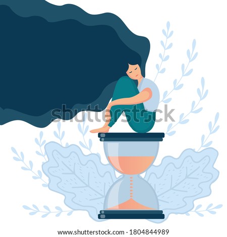 Cartoon vector illustration of psychological concept. Sad lonely woman in depression with long beautiful hair. Young unhappy girl sitting on the hourglass and hugging her knees. Depressed teenager.