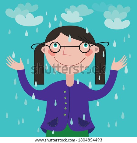 The girl with glasses smiles and looks up at the falling rain