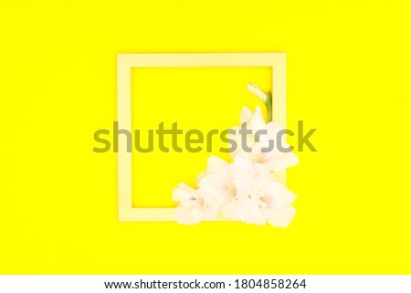 Wooden decorative frame on yellow background 