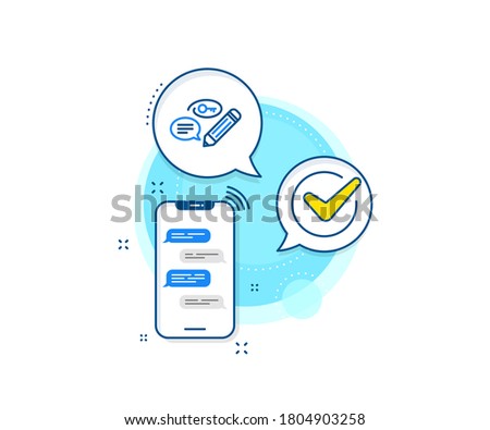 Pencil with key symbol. Phone messages complex icon. Keywords line icon. Marketing strategy sign. Messenger chat screen banner. Keywords sign. Vector