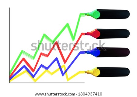 Line of graph with four layers of marker pen including green, red, blue, and yellow color isolated on white background with clipping path.