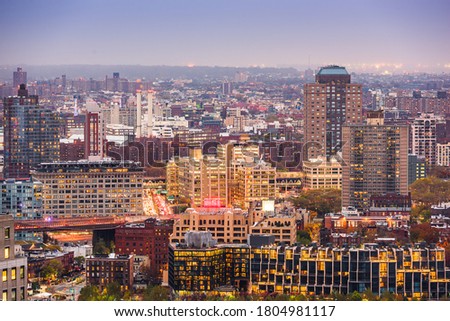 Brooklyn, New York, USA downtown borough cityscape from above at twilight.