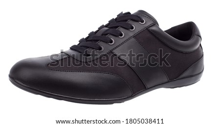 Men fashion black shoe leather over white background. Casual stylish footwear.