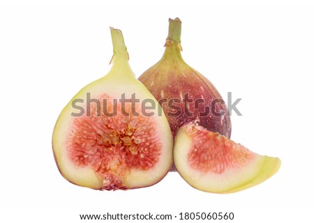 Fresh purple fig fruit and slices with leaf isolated on white background