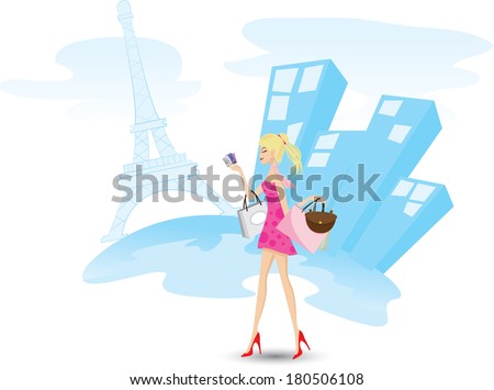 Illustration of a girl is shopping with credit cards in Paris. Lifestyle concept. Contains gradient and clipping mask.