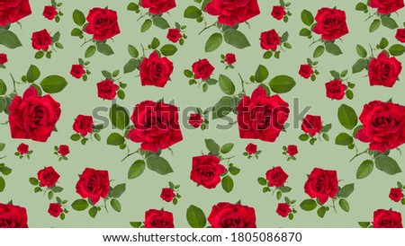 Green background with red rose flowers. Flat lay. Top view. Floral pattern. Festive summer background.