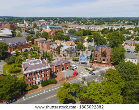 Aerial view of Salem historic city center including Salem Witch Museum and Andrew Safford House in city of Salem, Massachusetts MA, USA.  Royalty-Free Stock Photo #1805092882