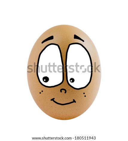 one  brown egg with happy face on white background .