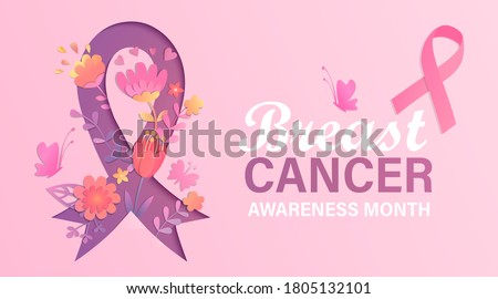 Breast cancer awareness month banner with flowers in papercut style. Poster for world preventive health care iniative.Paper cut ribbon with flower inside.Template for design, flyer, advertise.Vector.