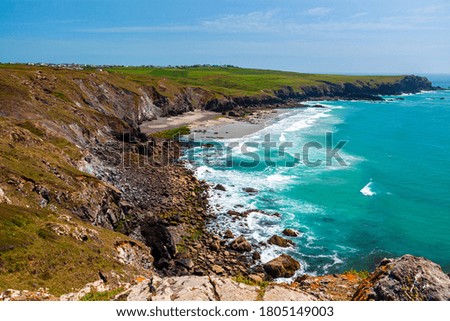 Summer views overlooking Pentreath Beach  on the Lizard Peninsula Cornwall England UK Europe