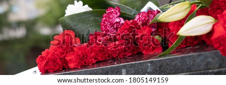 Red carnations on the marble slab of the monument. Royalty-Free Stock Photo #1805149159