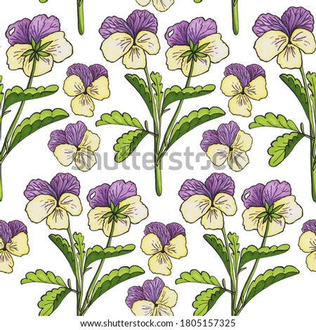 Hand-drawn seamless color pansies.
Drawn with watercolor markers. Isolated on white background.