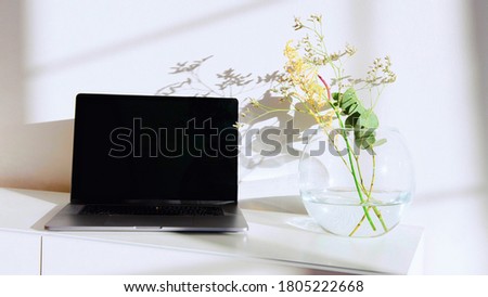 A photo of a black laptop on a desk with a bowl of plants