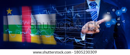 Businessman touching data analytics process system with KPI financial charts, dashboard of stock and marketing on virtual interface. With Central African Republic flag in background.