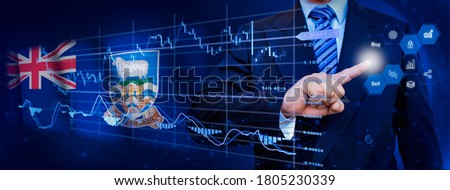 Businessman touching data analytics process system with KPI financial charts, dashboard of stock and marketing on virtual interface. With Falkland Islands flag in background.
