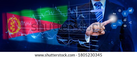 Businessman touching data analytics process system with KPI financial charts, dashboard of stock and marketing on virtual interface. With Eritrea flag in background.