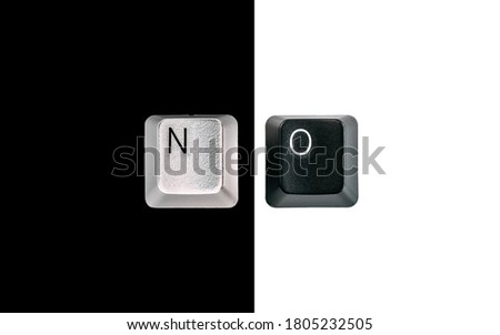 Computer keyboard keys spelling NO, isolated on black and white background