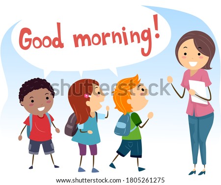 Illustration of Stickman Kids Saying Good Morning and Greeting Their Teacher, Social Skills