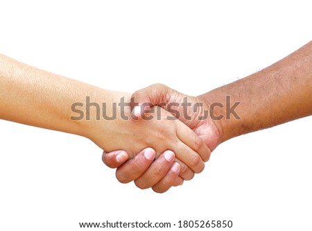 A picture of a man with a woman holding hands on a white background.