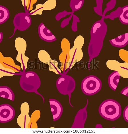 Seamless hand drawn beetroot vector pattern in cartoon style. Vegetable pattern. Bright beet background.
