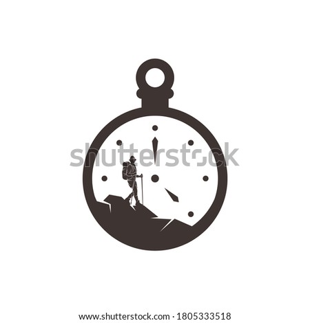 Climber with Clock logo design vector template. Outdoor activity logo symbol