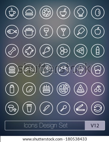 Vector thin icons design set. Moder simple line icons. Ultra thin food icons on abstract blue background. Volume 02
