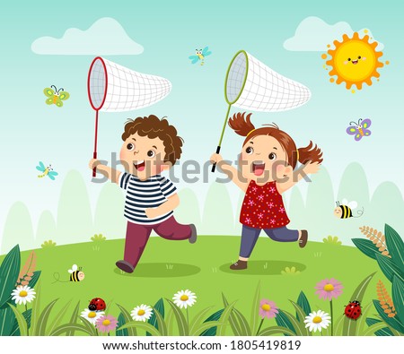 Vector illustration cartoon of happy kids catching bugs in the field.