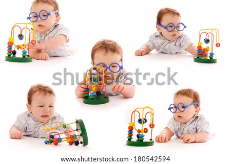 Collection of the child on a white background in glasses c toy