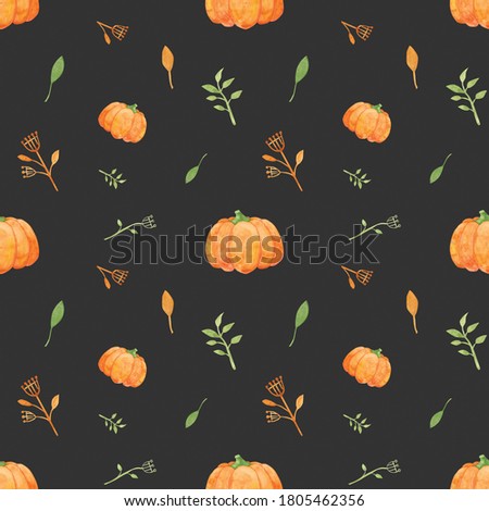 Watercolor pumpkin seamless pattern on a black background. Orange hand-drawn pumpkins, abstract flowers and foliage endless print for your design. Cute autumn repeat wallpaper. 