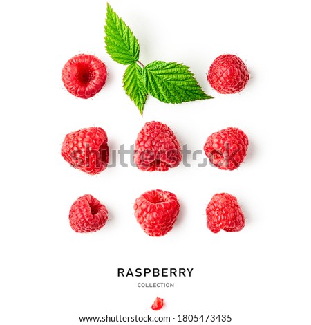 Fresh raspberry fruits and leaves collection and creative pattern isolated on white background. Healthy food concept. Summer red berries composition and layout. Top view, flat lay, design elements
 Royalty-Free Stock Photo #1805473435