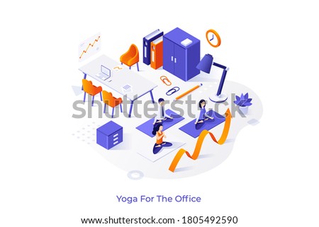 Conceptual template with group of office workers sitting cross legged and performing yoga or pranayama meditation. Spiritual practice at work. Isometric vector illustration for webpage, banner. 