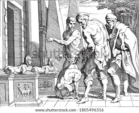 Odysseus recognized by his dog Argus, Theodoor van Thulden, after Francesco Primaticcio, after Nicolo dell Abate, Odysseus, dressed as a wanderer, is recognized by his dog Argus, vintage engraving. Royalty-Free Stock Photo #1805496316